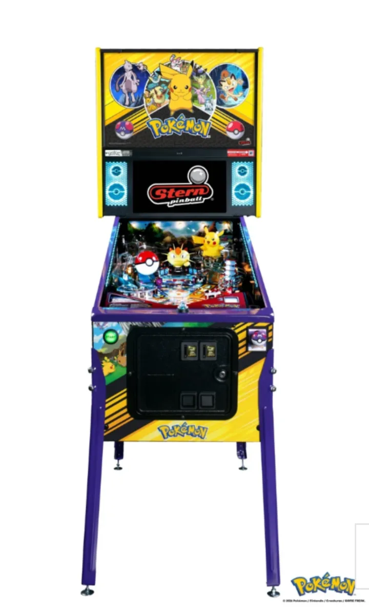 Stern Pokémon pinball machine, straight-on front view with the backglass, display and coin door.