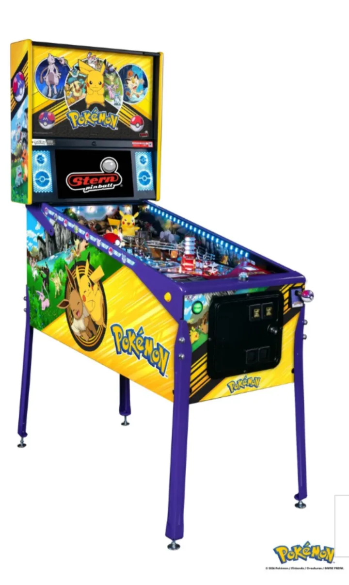 Stern Pokémon pinball machine, three-quarter view from the front left, showing the other cabinet side.