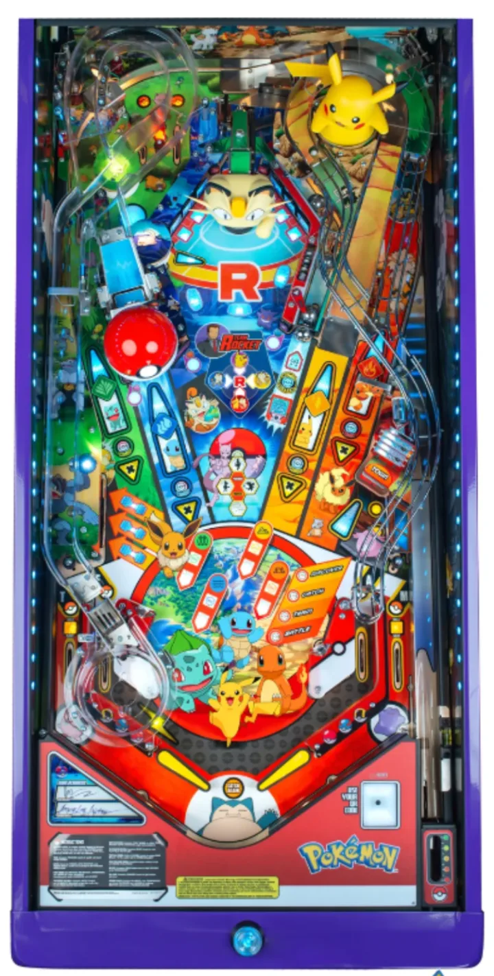 Stern Pokémon pinball playfield seen from above, with ramps, toys and the flipper area.